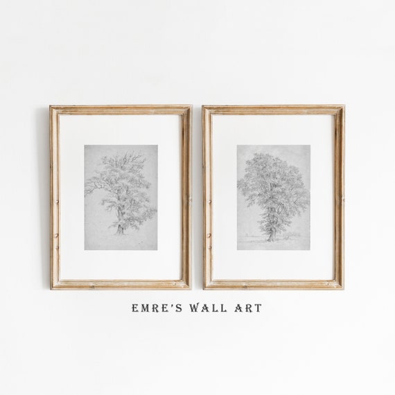 Vintage Tree Sketch Print Set, Rustic Landscape