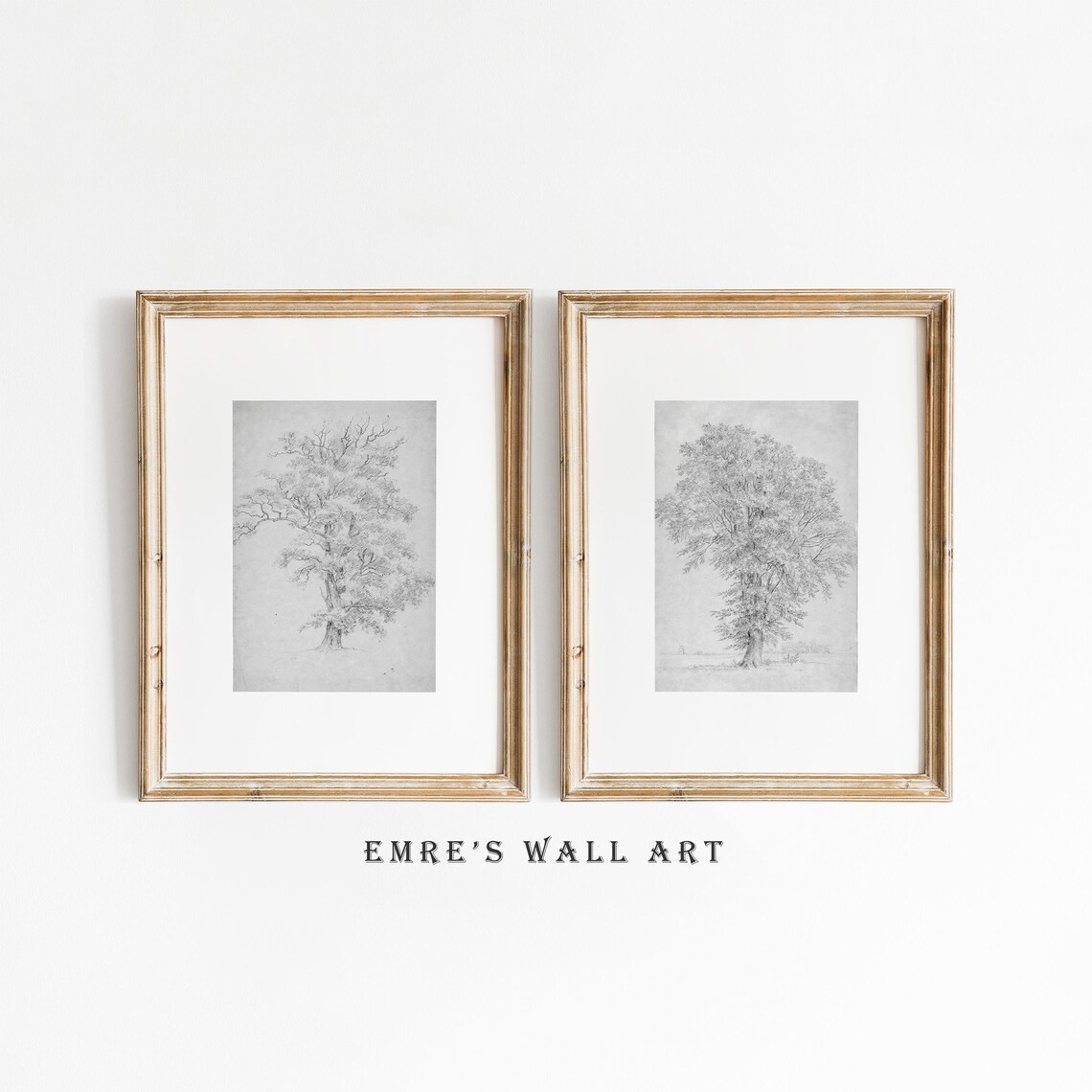 Vintage Tree Sketch Print Set, Rustic Landscape
