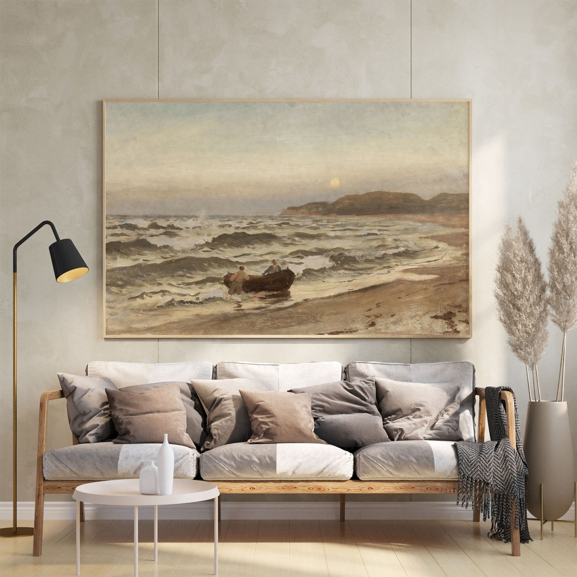 Fishermen Launching Boat Vintage Coastal Surf Sunset Scene Poster - Image 2