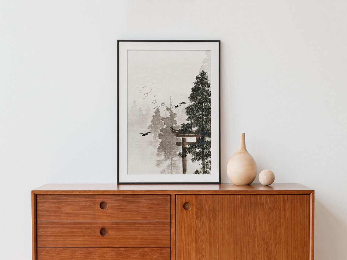 Misty Japanese Forest with Temple Gate and Birds Ink Artwork Poster - Image 2