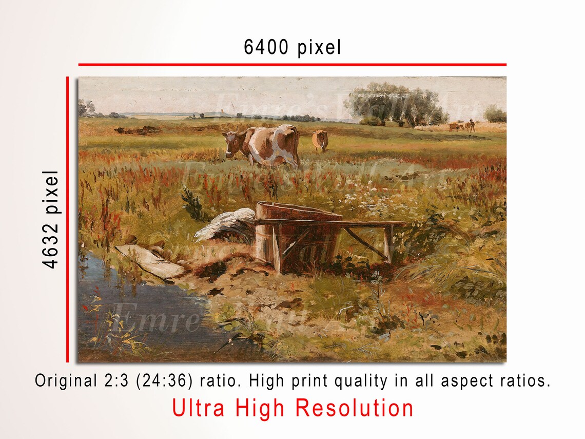 Cow At Wooden Well Summer Meadow Vintage Farm Painting Poster - Image 3
