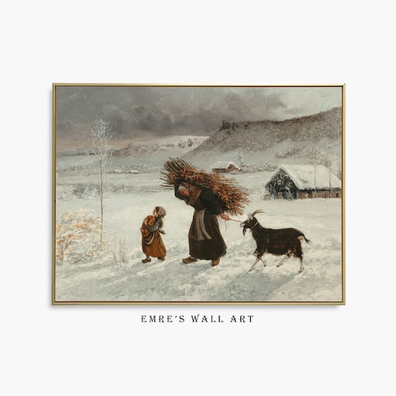 Woman Carrying Firewood Bundle in Snow Vintage Winter Peasant Poster