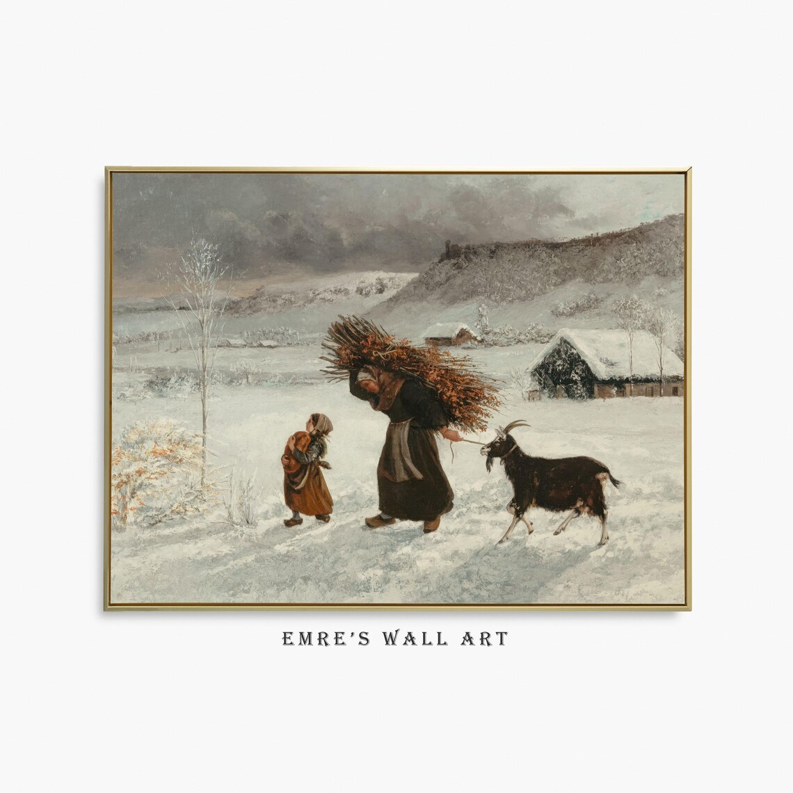 Woman Carrying Firewood Bundle in Snow Vintage Winter Peasant Poster