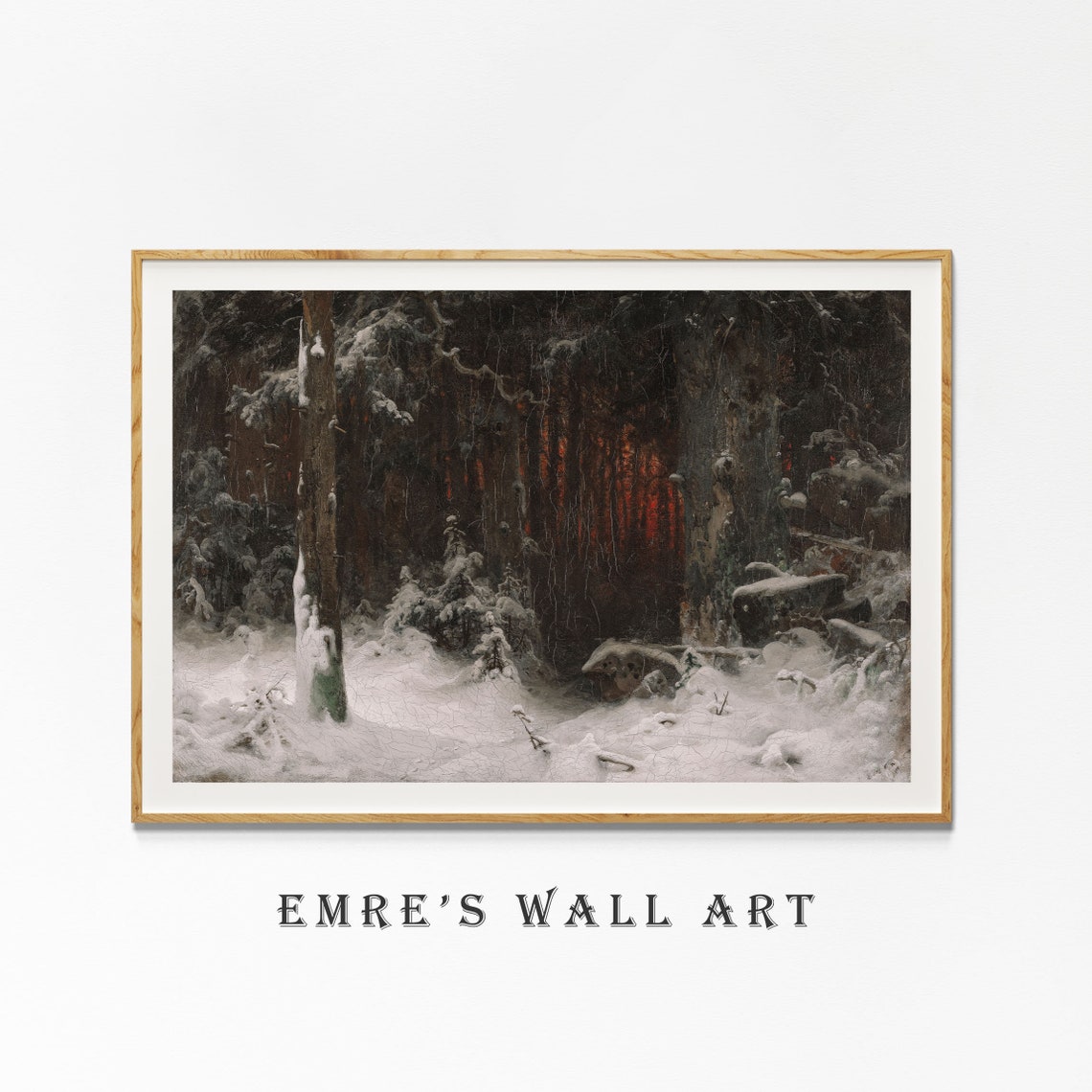 Dark Winter Forest Red Sunset Glow Behind Snowy Pines Poster - Image 4