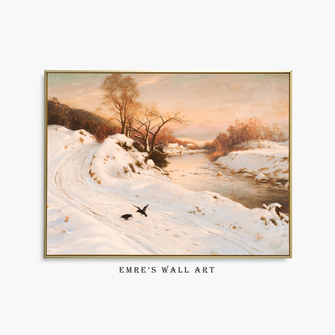 Vintage Winter Landscape Painting Snowy Wall Decor Vintage Sunset Landscape Oil Painting Winter Farmhouse Art Print