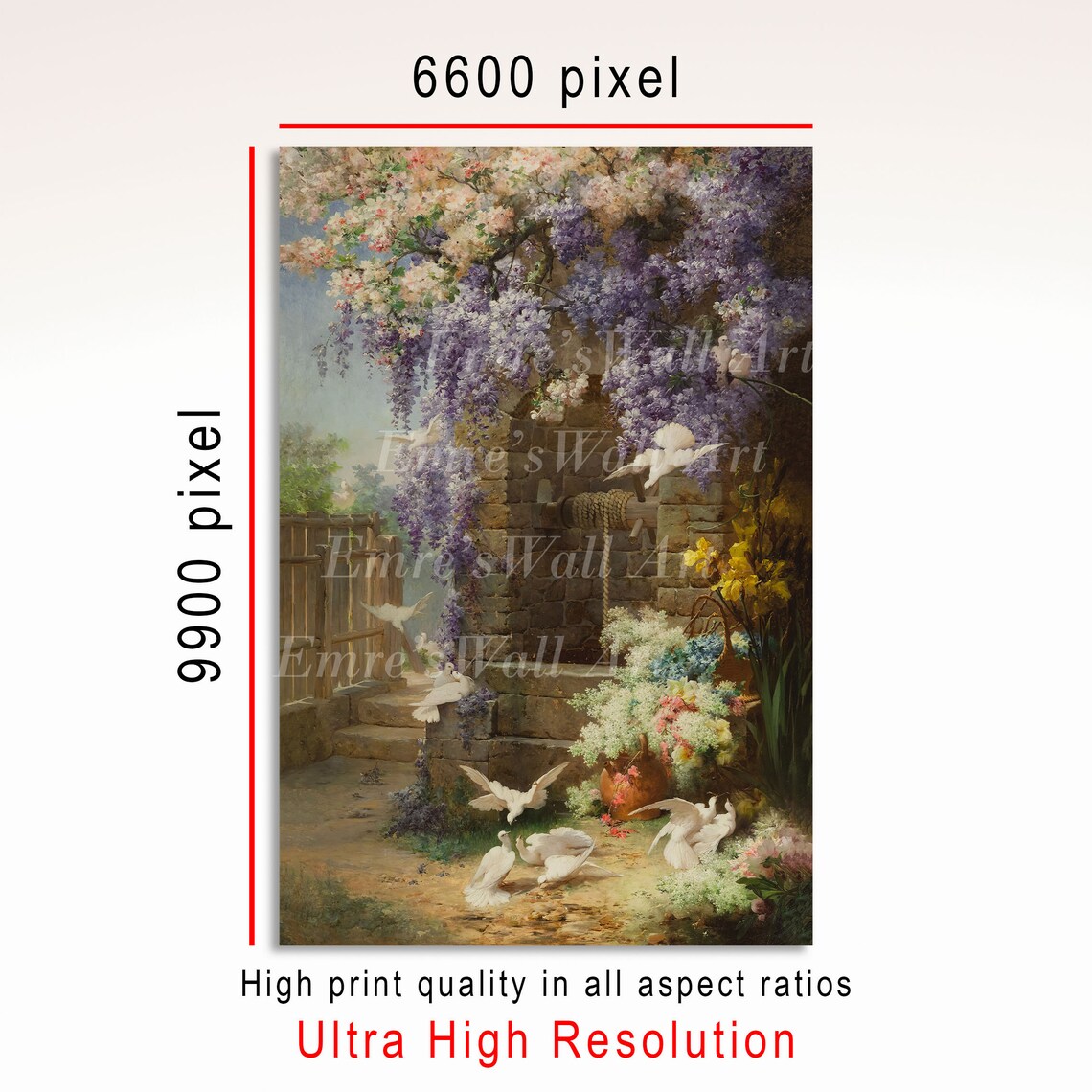 Vintage Garden Painting Stone Well Wisteria White Doves Flowers Poster - Image 3