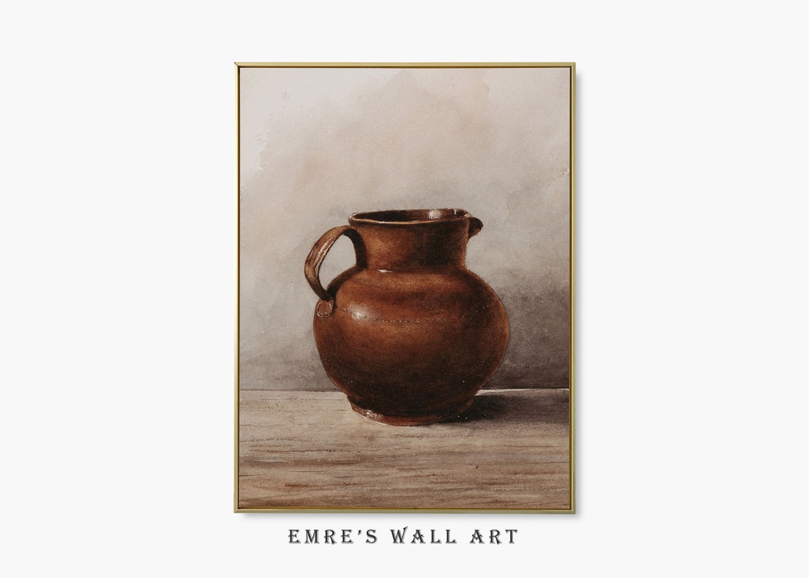 Antique Brown Clay Jug Still Life Watercolor Rustic Kitchen Poster - Image 2