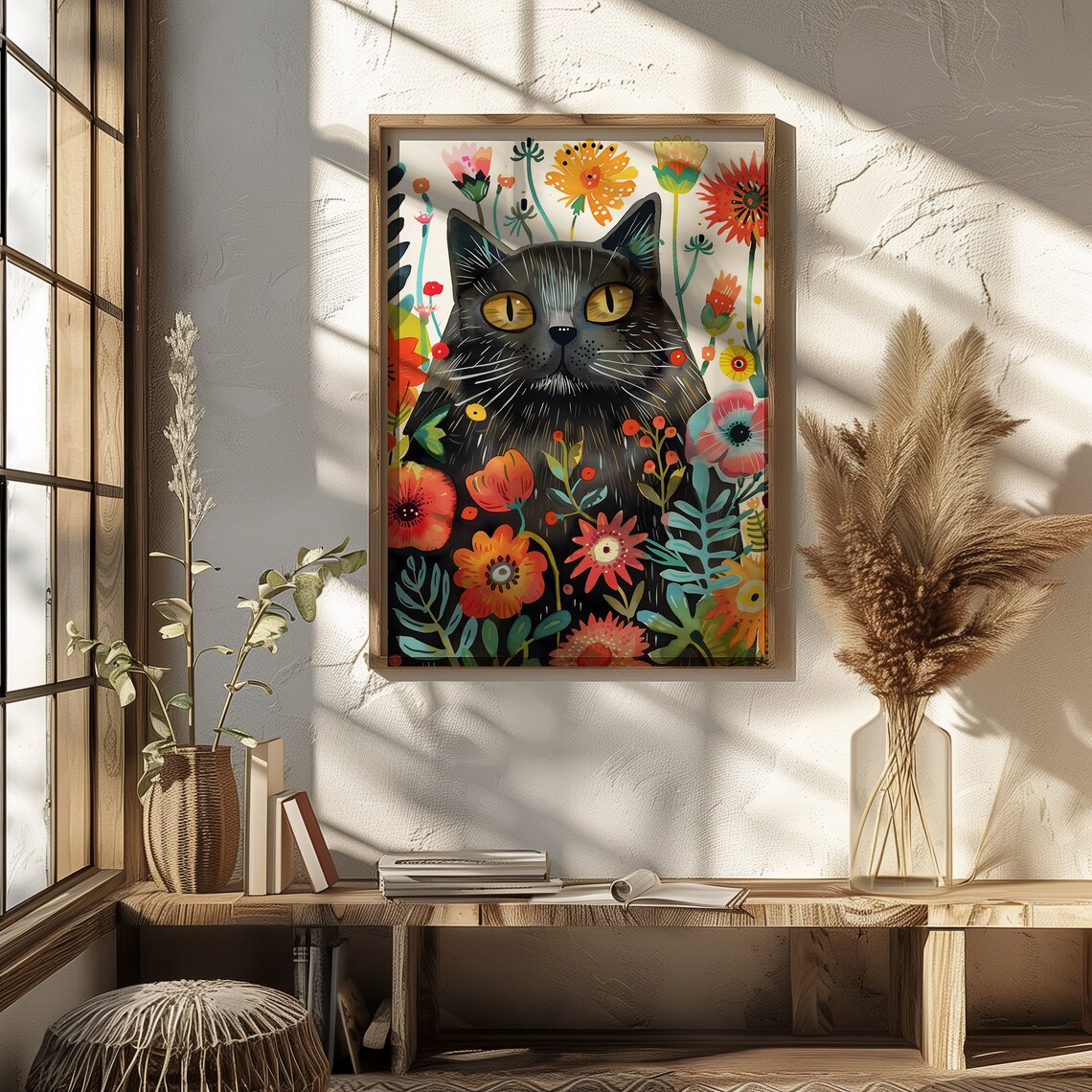 Black Cat Floral Art Print, Cat And Poppies - Image 3