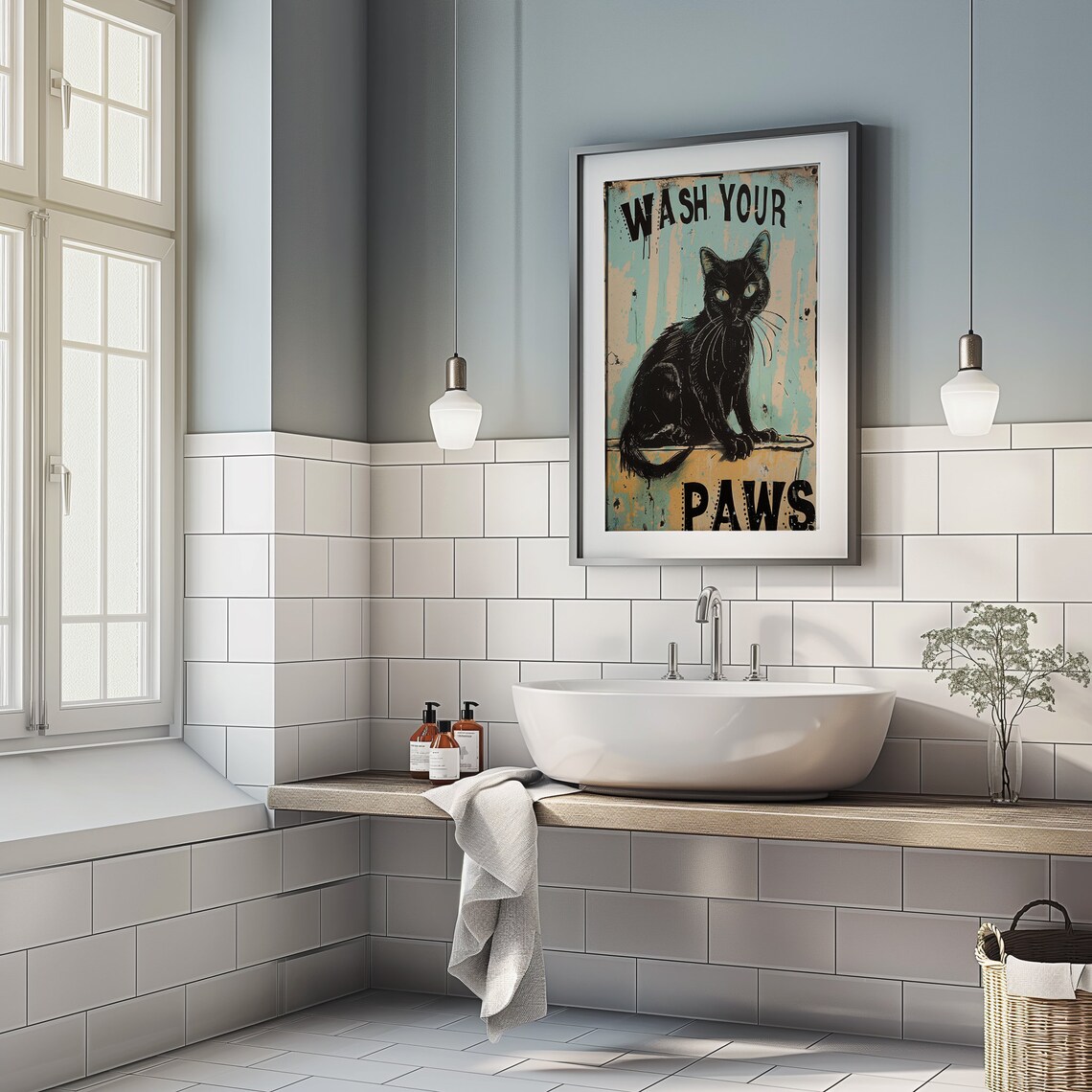 Cat Bathroom Art, Wash Your Paws Funny Print - Image 3