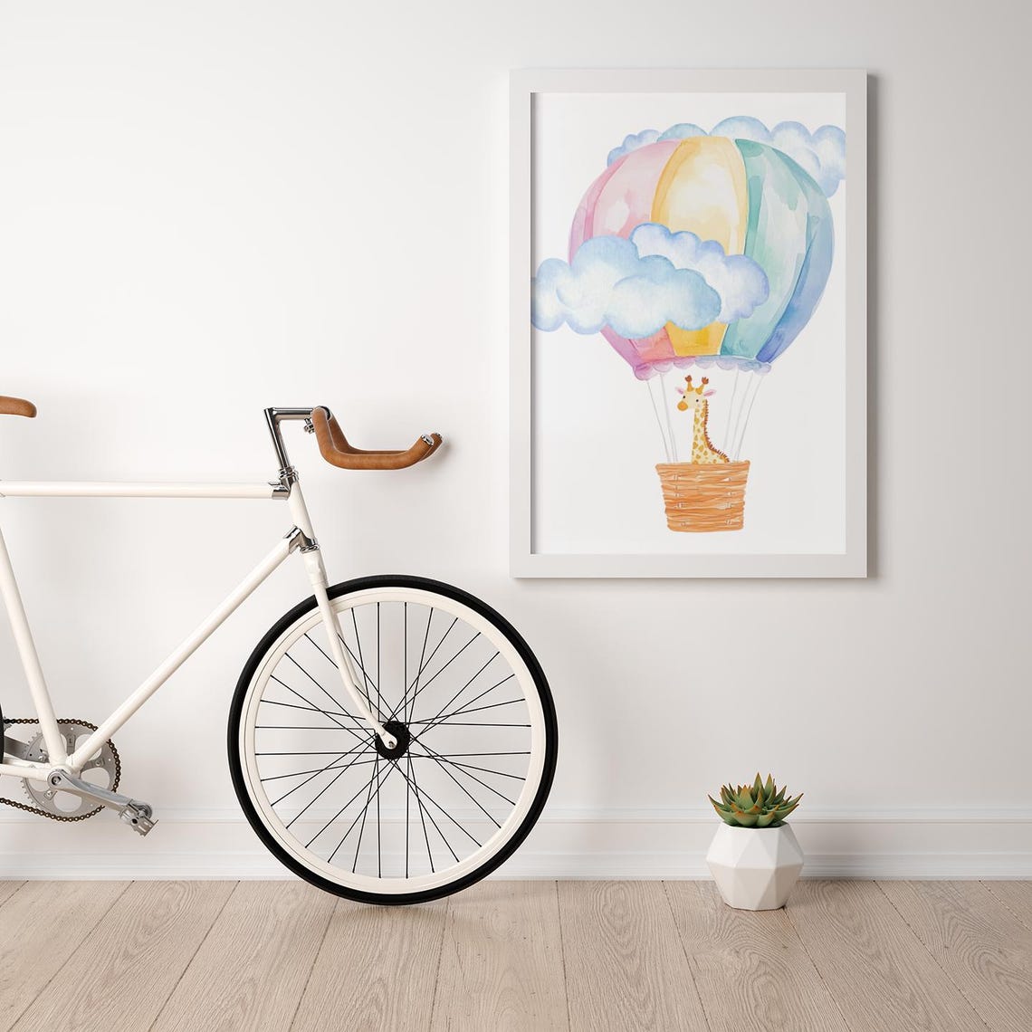 Rainbow Hot Air Balloon With Giraffe Among Clouds Nursery Poster - Image 3