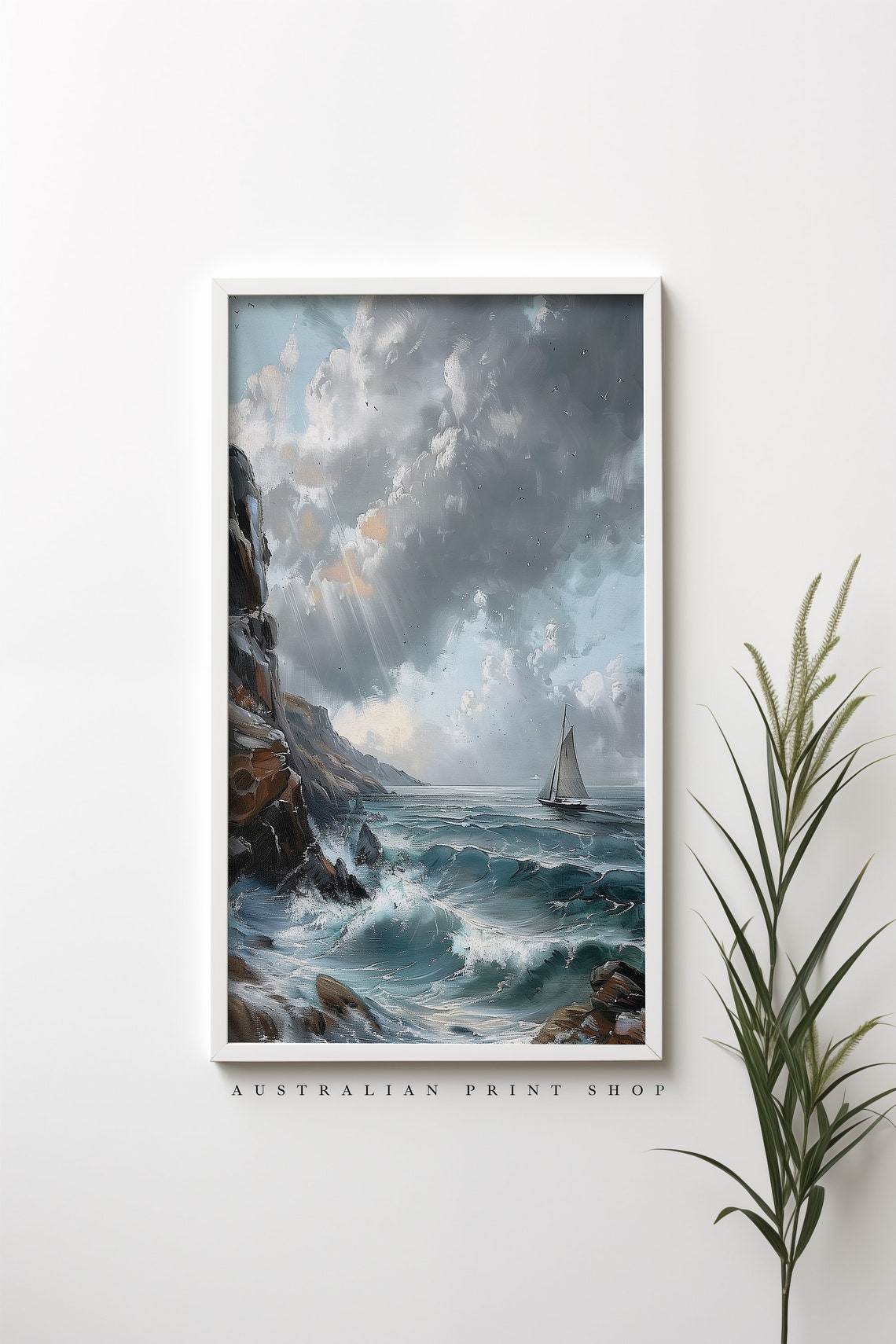 Vintage Ocean Oil Painting Muted Nautical Seascape Print Neutral Sailboat Ocean Art - Image 5