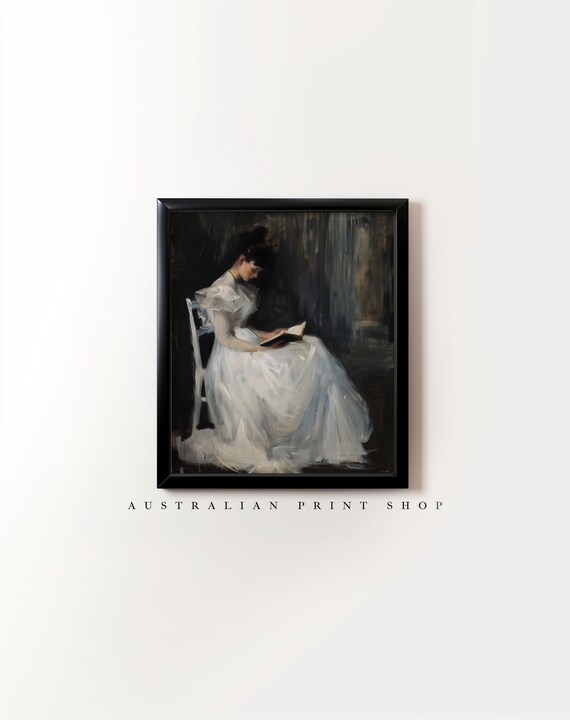 Moody Woman Reading Portrait Vintage Dark Academia Oil Painting Wall Art