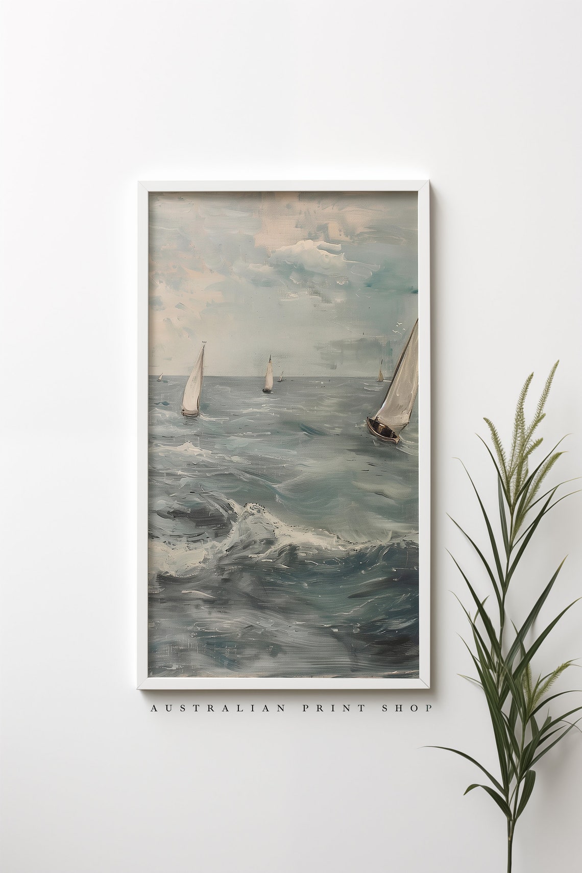 Vintage Ocean Oil Painting Muted Nautical Seascape Print Neutral Sailboat Ocean Art - Image 7
