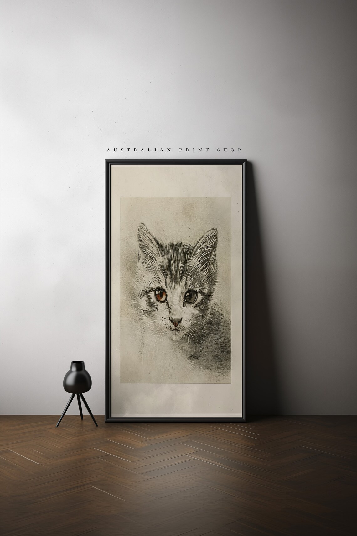 Wide Eyed Kitten Pencil Study With Amber Eyes Vintage Animal Wall Art - Image 5
