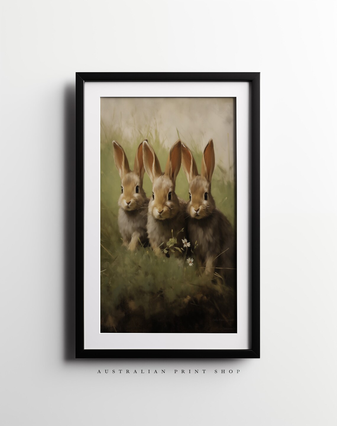 Three Cute Bunny Rabbits Huddled In Grass Vintage Oil Painting Poster - Image 6