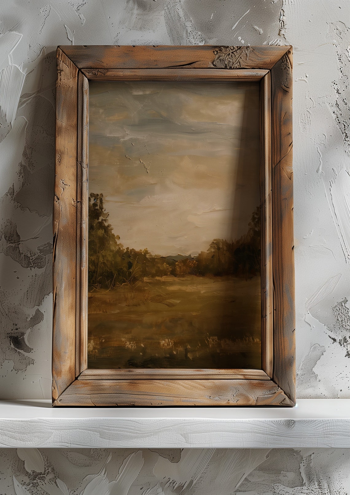 Vintage Rustic Countryside Painting Muted Landscape Print Moody Living Room Decor Neutral Farmhouse Wall Art - Image 5