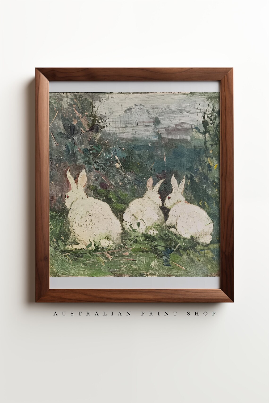 Three White Rabbits in a Cottage Garden Impressionist Animal Poster - Image 3