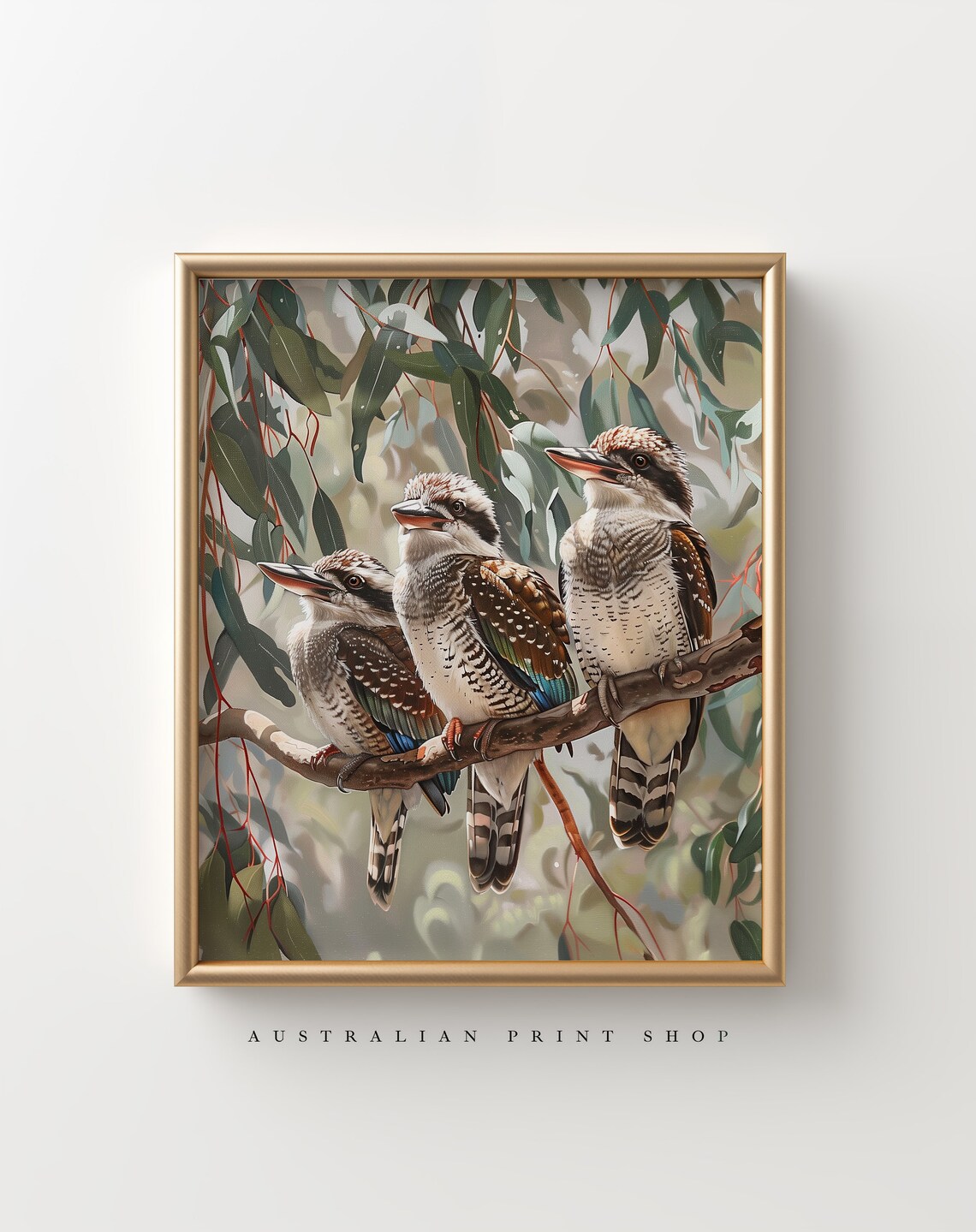 Kookaburra Trio, Sage Green Australian Art Print - Image 6