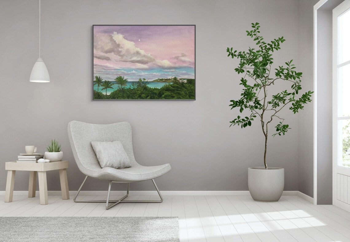 Tropical Palm Beach Island Coastline Turquoise Sea Moonrise Poster - Image 2