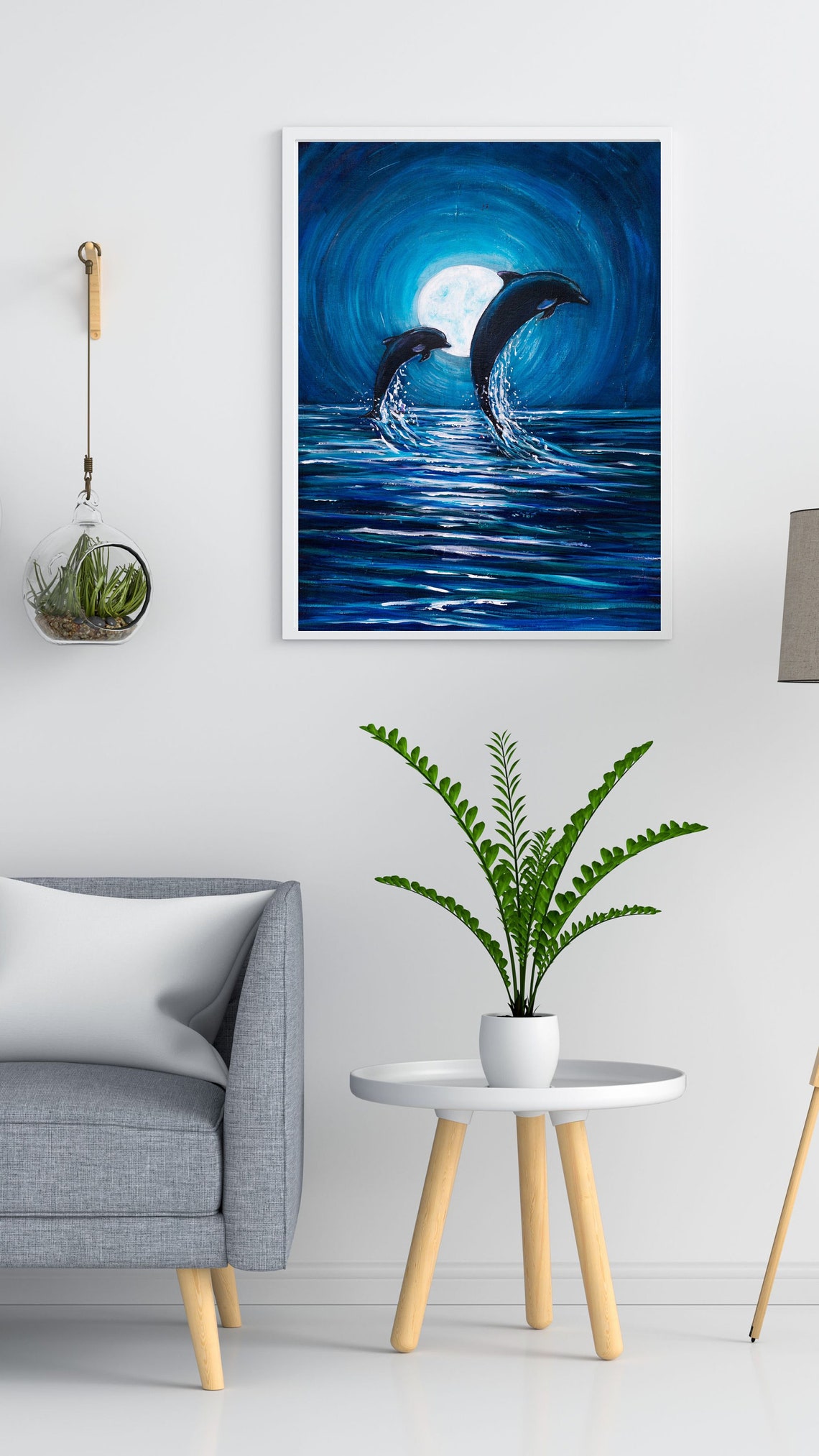 Dolphins Leaping Moonlight Painting Ocean Night Blue Waves Art Poster - Image 4
