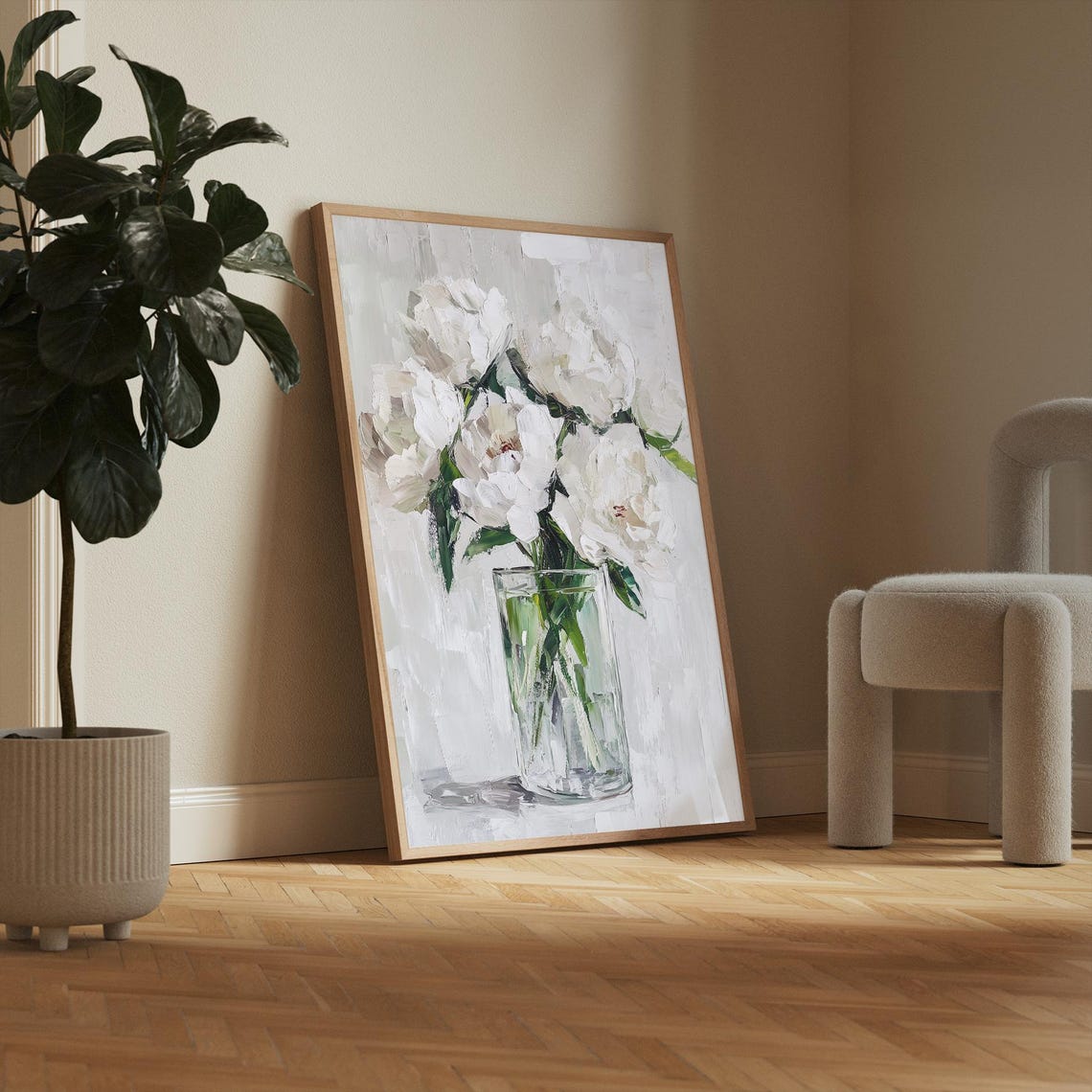 White Peonies In Glass Vase Impressionist Floral Still Life Poster - Image 3