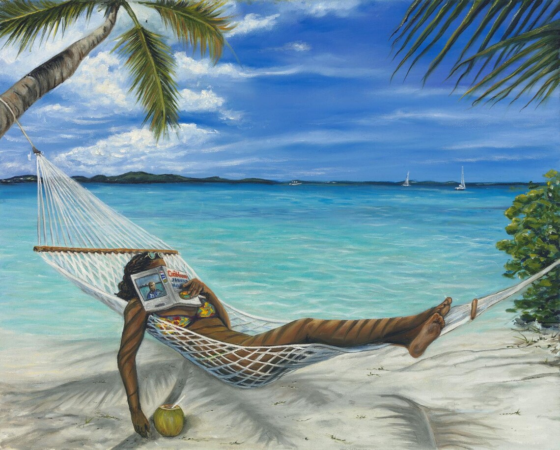 Woman Reading Book Hammock Beach Palms Turquoise Ocean Poster - Image 5