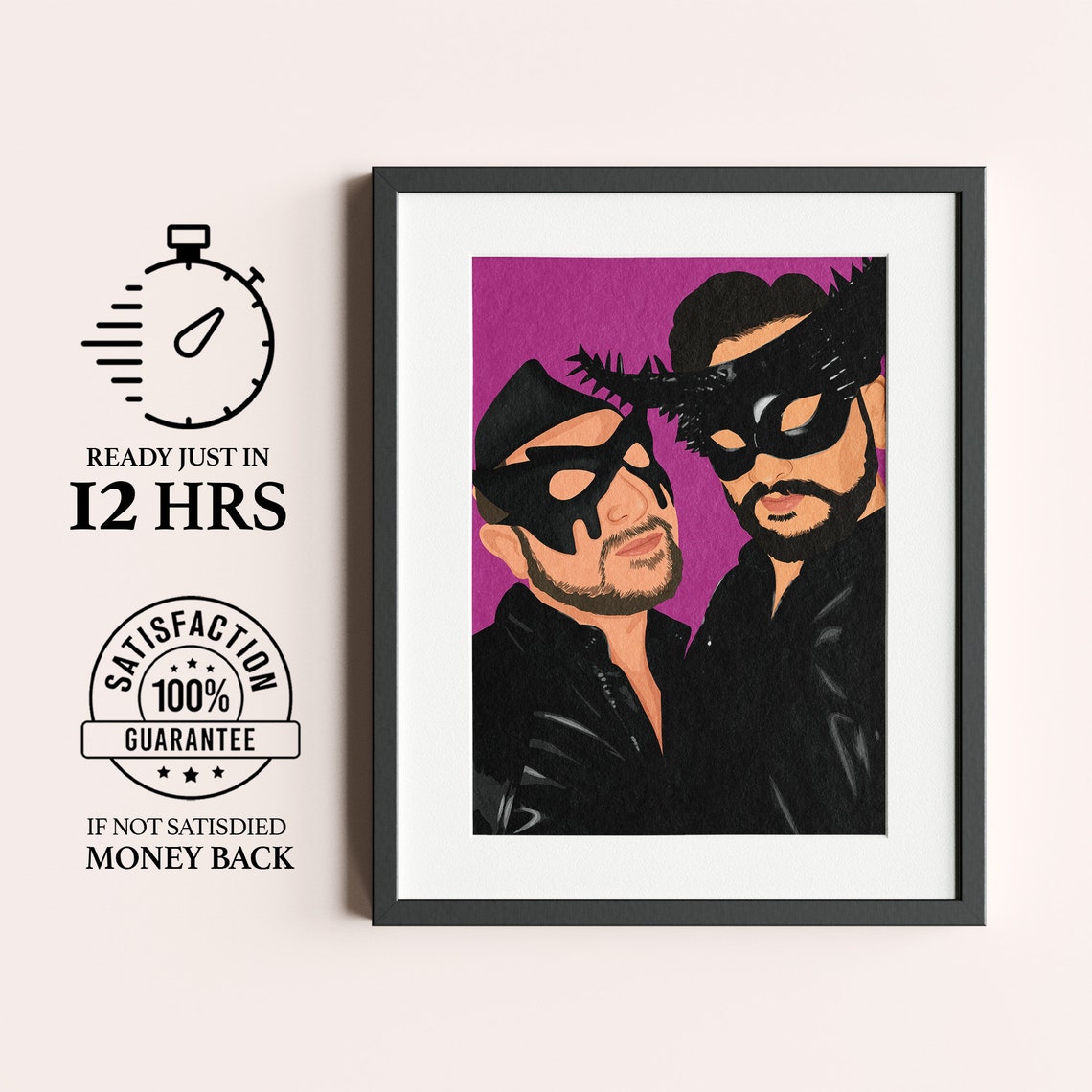 Mysterious Black Masquerade Masks Duo Portrait on Magenta Poster