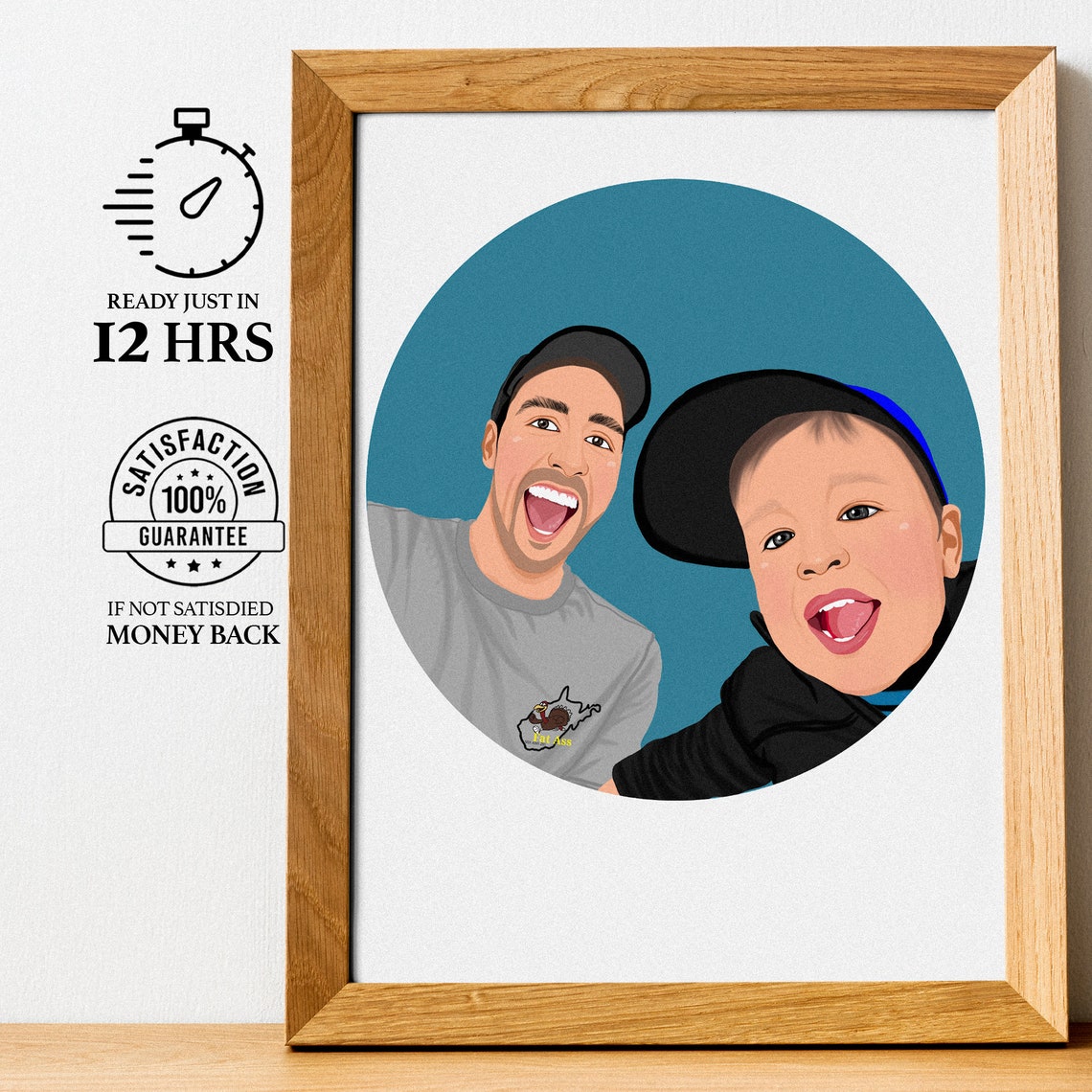 Silly Grinning Dad and Child Selfie Teal Circle Portrait Poster