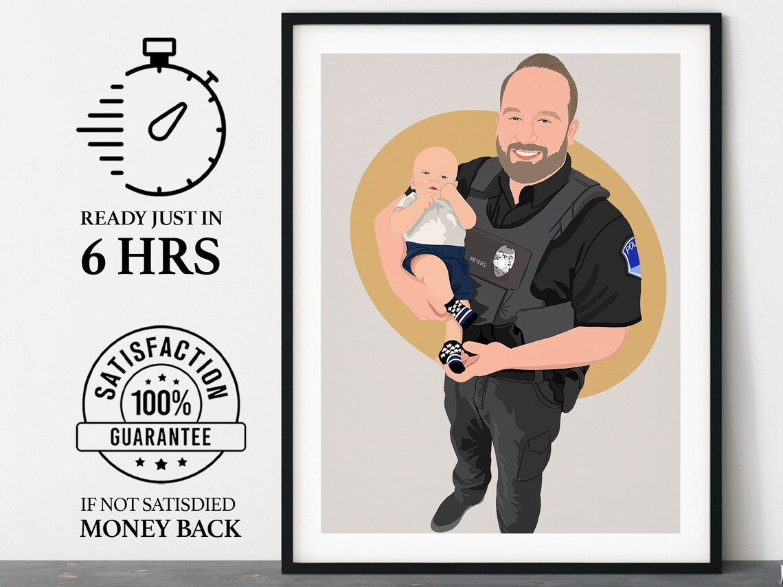 Custom Police Officer Dad with Baby Portrait Illustration Poster