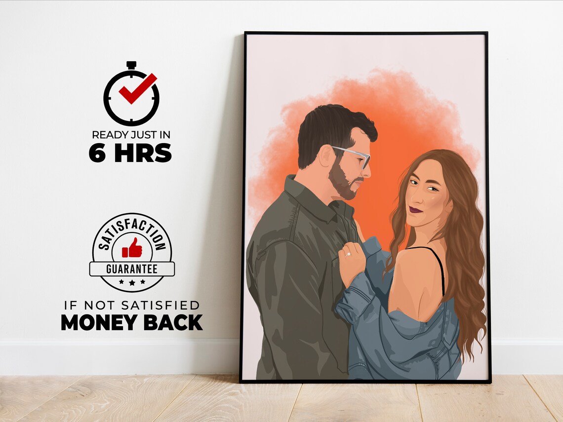 Custom Couple Embrace Illustration Coral Watercolor Portrait Poster