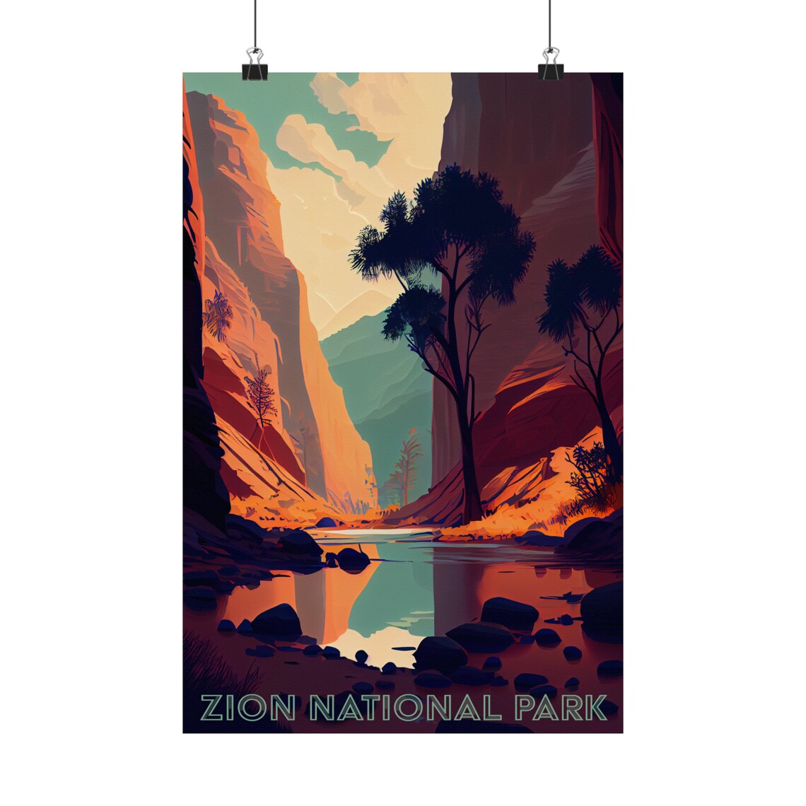 Zion National Park Canyon River Sunset Vintage Travel Poster Art