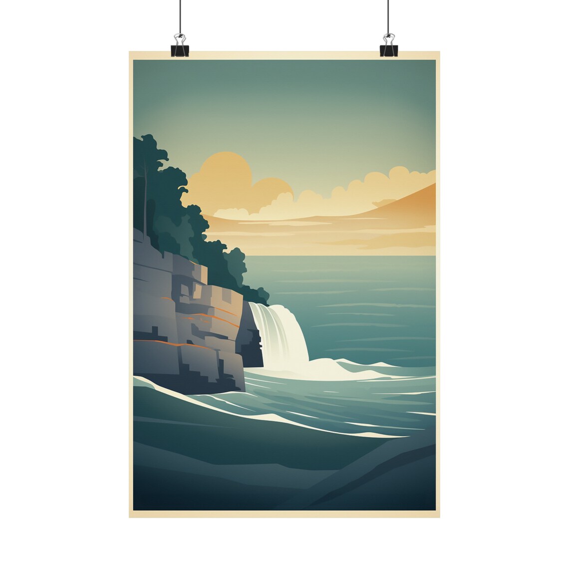 Coastal Waterfall Sunset Vintage Style Retro Travel Illustration Wall Poster