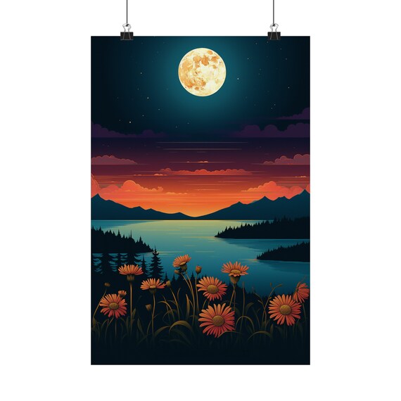 Full Moon Over Mountain Lake Wildflowers Night Sky Art Poster