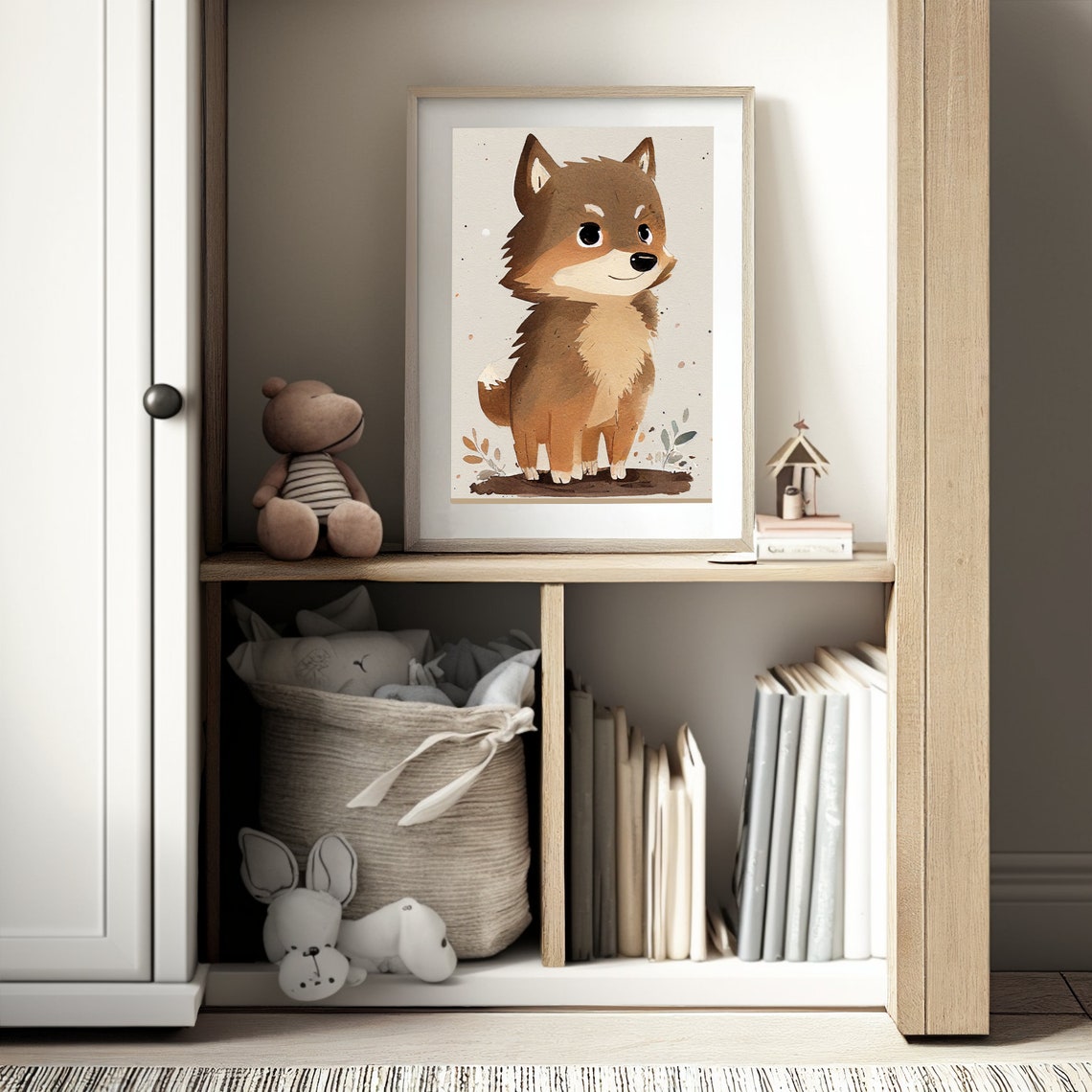 Adorable Baby Wolf Pup Watercolor Art Rustic Frame Nursery Poster - Image 2