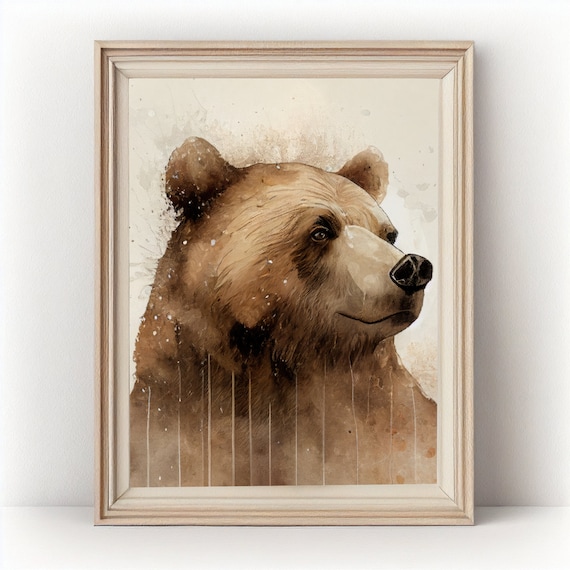 Brown Bear Watercolor Wildlife Portrait Side Profile Nature Art Print