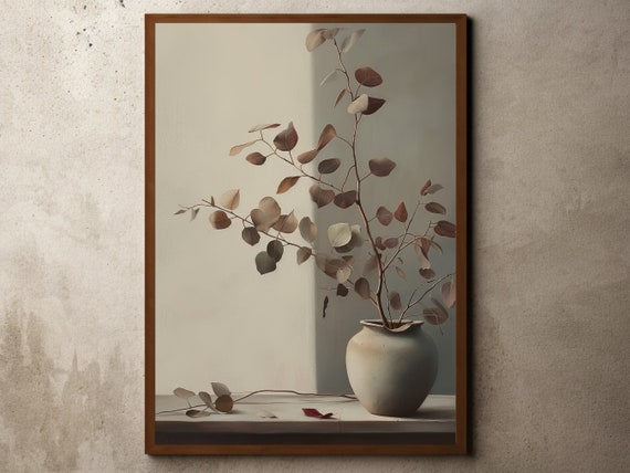 Vintage Flower Drawing Wabi Sabi Antique Botanical Print Rustic Minimal Decor Burgundy Eucalyptus Painting Fall Floral Art