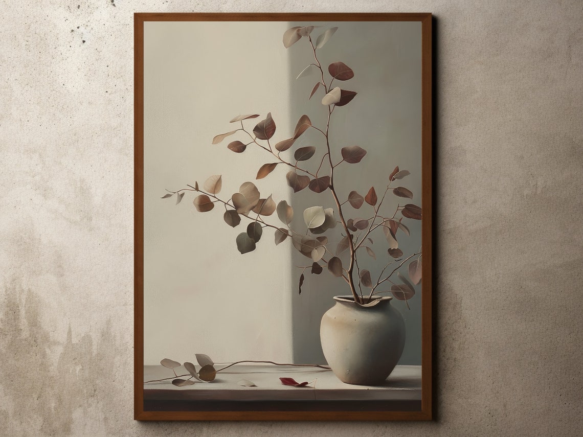 Vintage Flower Drawing Wabi Sabi Antique Botanical Print Rustic Minimal Decor Burgundy Eucalyptus Painting Fall Floral Art