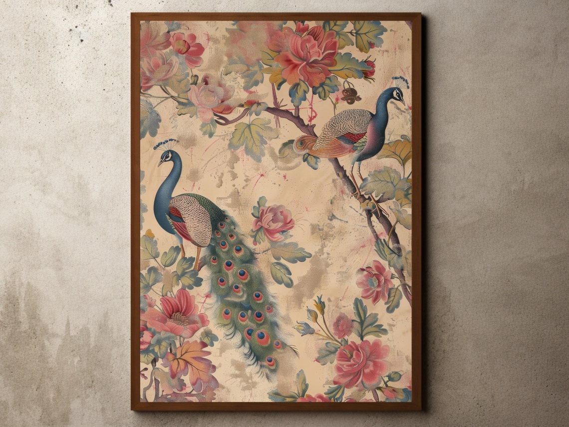 Two Peacocks Among Pink Flowers Vintage Wallpaper Art Poster