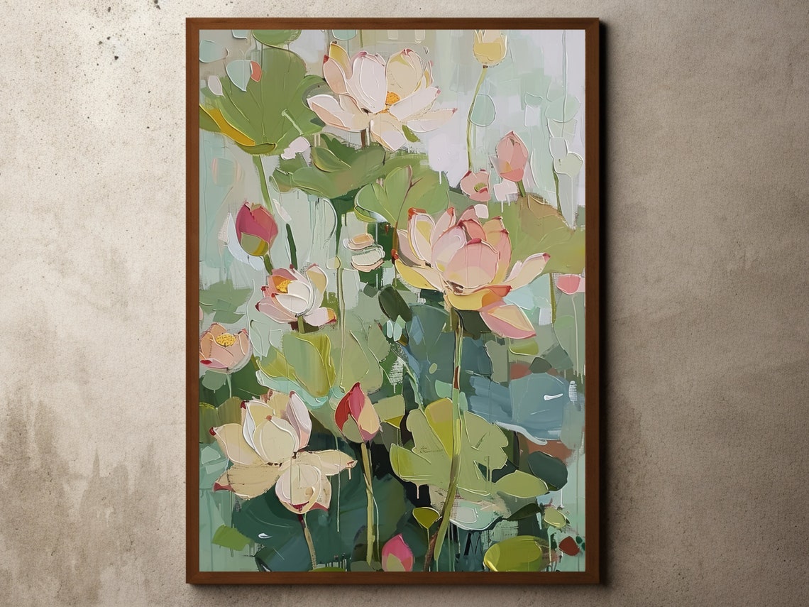 Painterly Impressionist Lotus Blossom Pond Watercolor Floral Poster