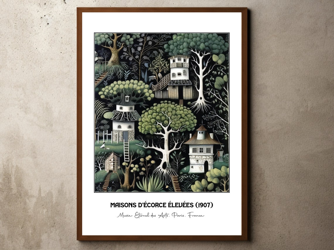 Maisons D'Écorce Élevées 1907 Night Treehouse Village Poster