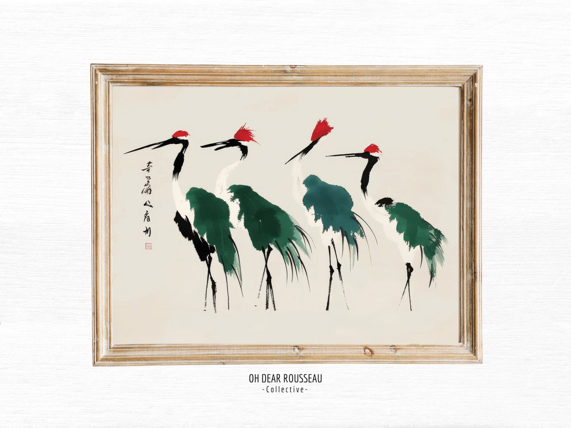 Four Red Crowned Cranes in Asian Ink Wash Painting Art Poster