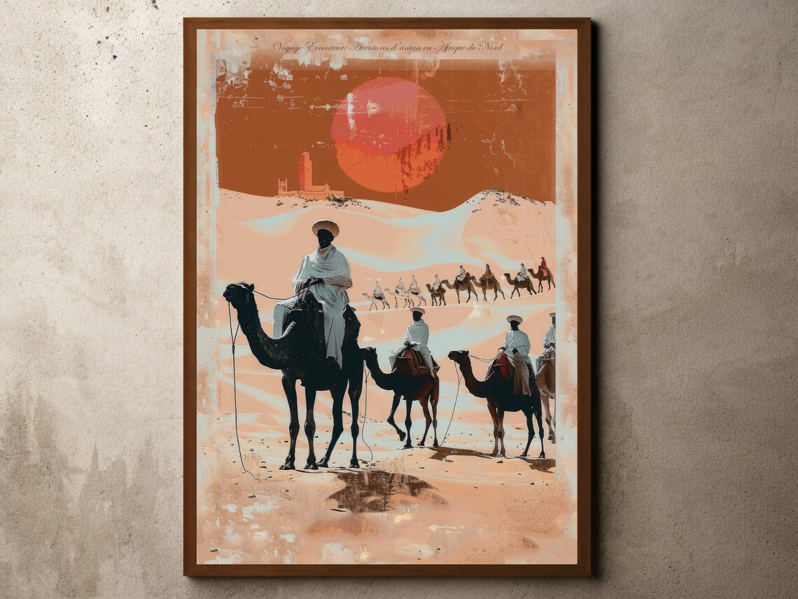 Camel Caravan Sahara Desert Red Sun Vintage French Travel Poster