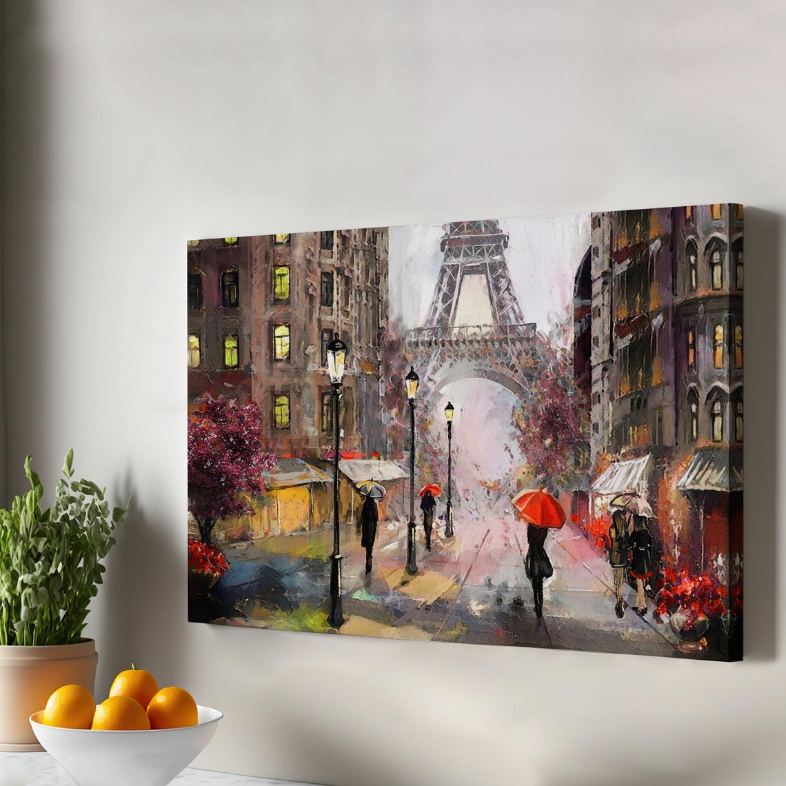 Eiffel Tower Paris Rainy Street Red Umbrellas Romantic Cityscape Canvas Wall Art
