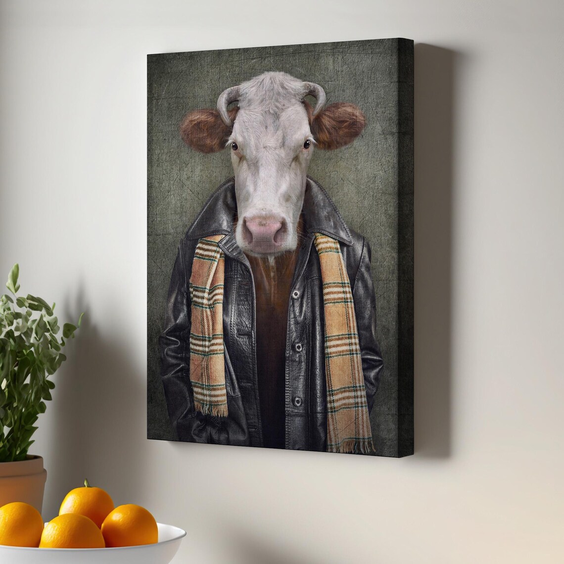 Cow Wearing Leather Jacket Funny Dressed Up Animal Portrait Wall Art