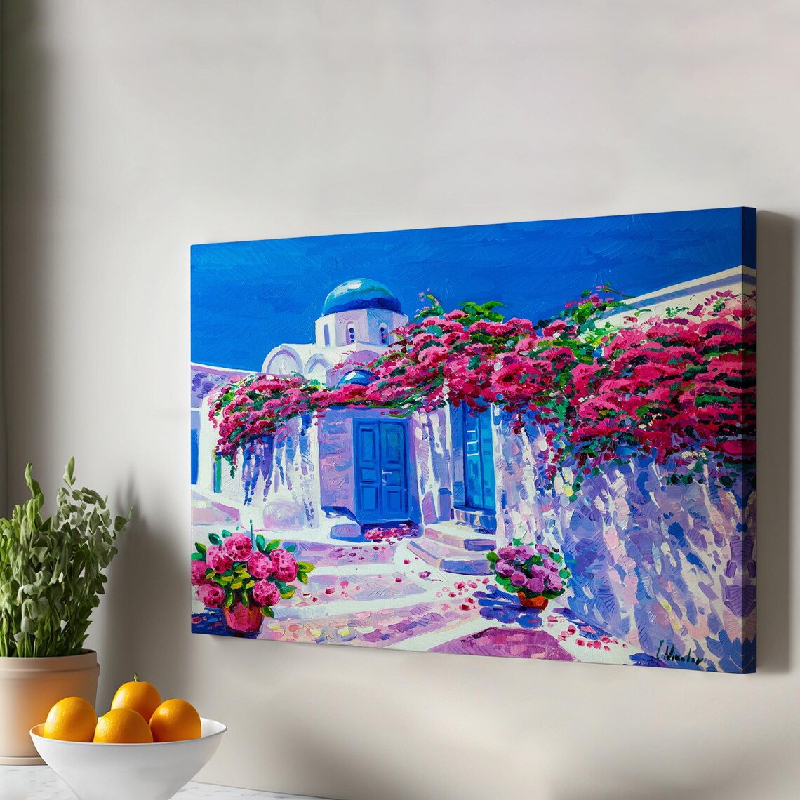 Santorini Greece Blue Dome Church Bougainvillea Impressionist Wall Art