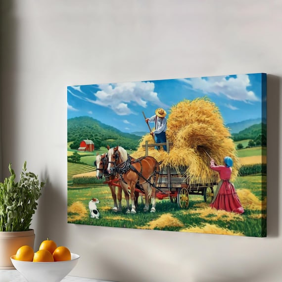 Farm Harvest Horse Drawn Hay Wagon Vintage Countryside Art Poster