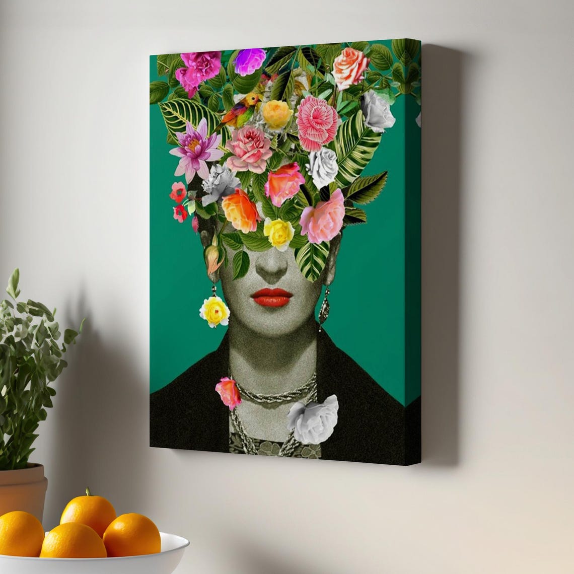 Frida Kahlo Style Floral Collage Portrait Teal Background Poster