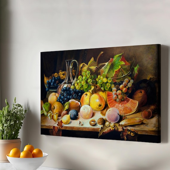 Classic Fruit Still Life Oil Painting Style Grapes and Peaches Poster