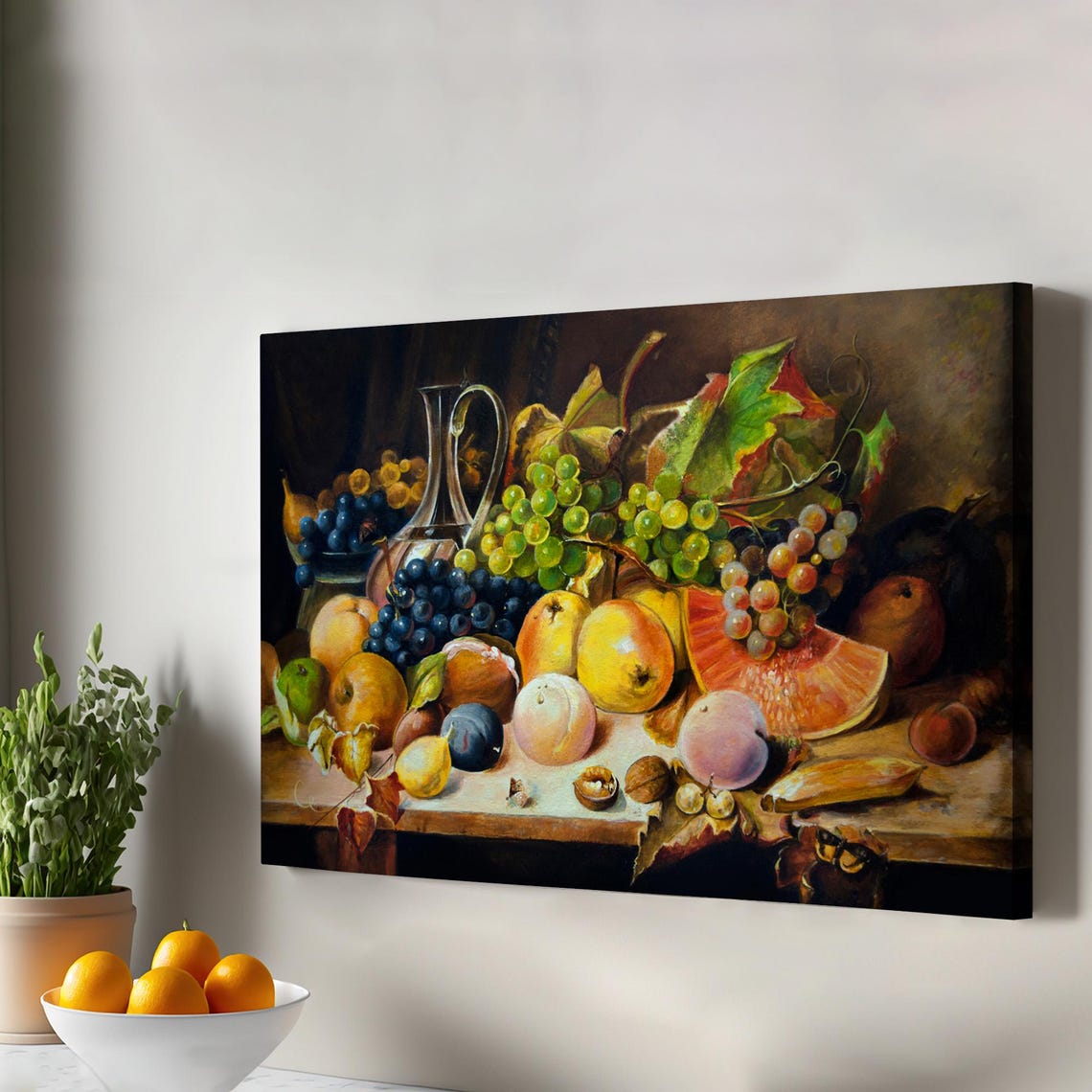 Classic Fruit Still Life Oil Painting Style Grapes and Peaches Poster