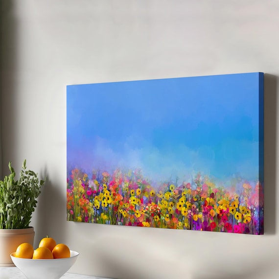 Colorful Wildflower Meadow Blue Sky Impressionist Canvas Poster
